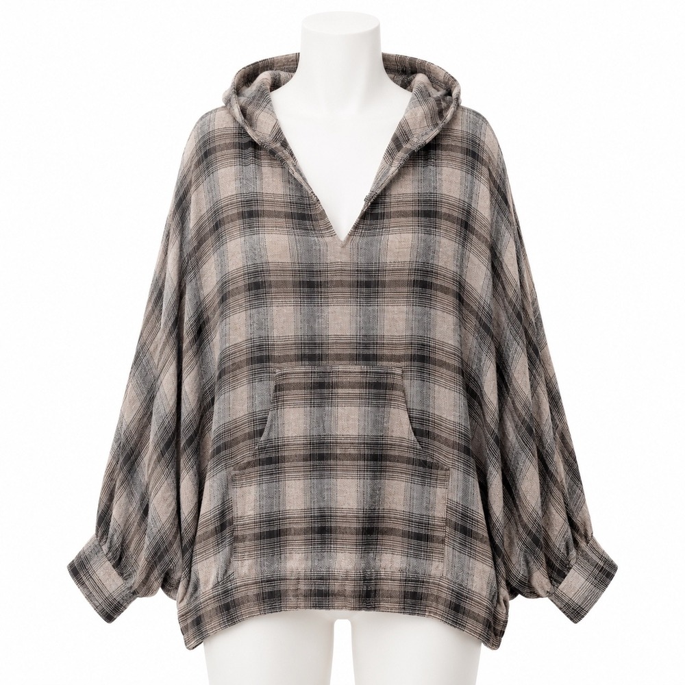 Earthbound Trading Co Plaid Hoodie Women M Brown Boho Oversized Kangaroo Pocket